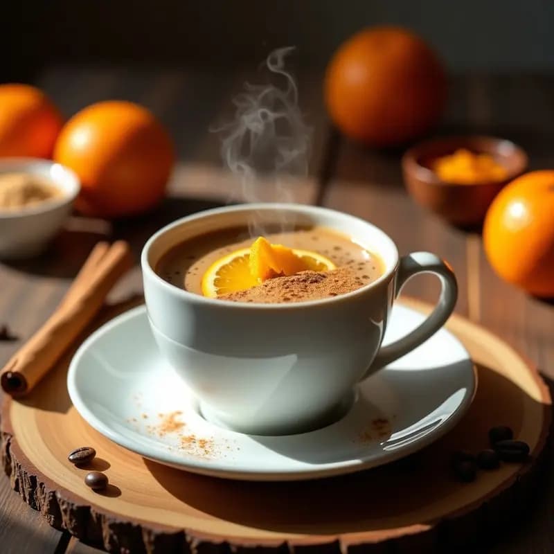 Taza de porcelana blanca humeante con Café Viento de Cola de Mono, decorada con rodaja de naranja y canela en polvo, sobre mesa de madera rústica con rama de canela y granos de café al fondo.