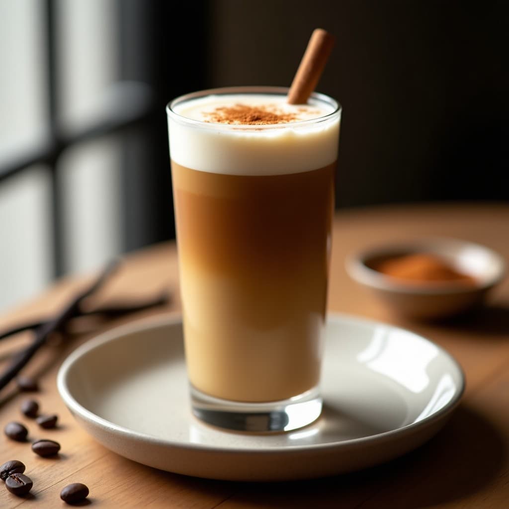 Vaso alto transparente con bebida de café cold brew y leche de avena, coronado con una espuma ligera y un toque de canela. Fondo oscuro con granos de café y una vaina de vainilla abiertos sobre una mesa de madera rústica. Receta energizante sin azúcar.