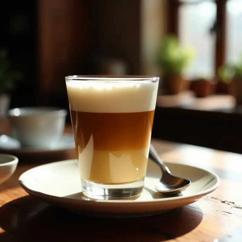 Vaso transparente de café cortado con leche condensada, mostrando capas definidas: base dorada de leche condensada, centro oscuro de café espresso y superficie blanca de leche entera. Fondo borroso de bar español con taza de café y cuchara.