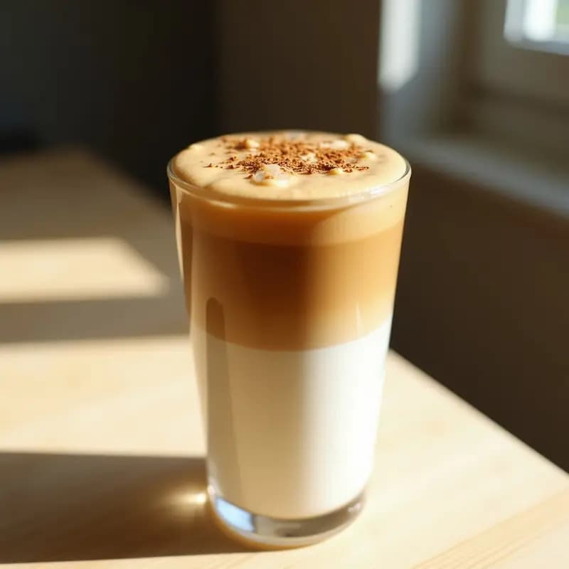 Vaso alto transparente con café Dalgona con especias de cardamomo: capas de leche vegetal fría con hielo y espuma de café aromatizada, decorado con cardamomo molido por encima, fondo claro y minimalista.