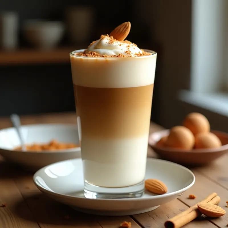 Vaso alto transparente con Café Dalgona: espuma de café oscuro y esponjosa sobre leche de almendras cremosa, decorado con canela en polvo y una pajita de papel. Fondo minimalista con granos de café y almendras dispersas.