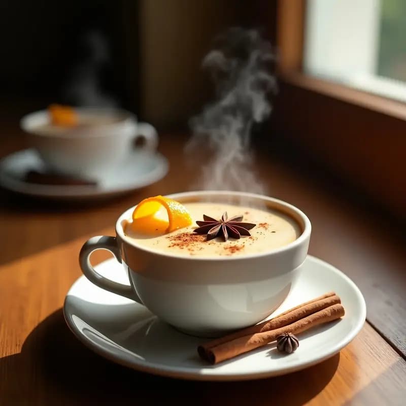 Taza de cerámica blanca con bebida de café humeante, especias de bahía flotando, leche de anacardos espumosa y una ramita de canela como decoración, sobre fondo rústico de madera.