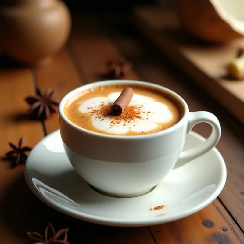 Taza de cerámica blanca con latte indio ayurvédico sin lactosa, espuma cremosa de leche de coco, decorada con canela en polvo y una ramita de canela. Fondo rústico con especias enteras de clavo de olor y canela en rama.