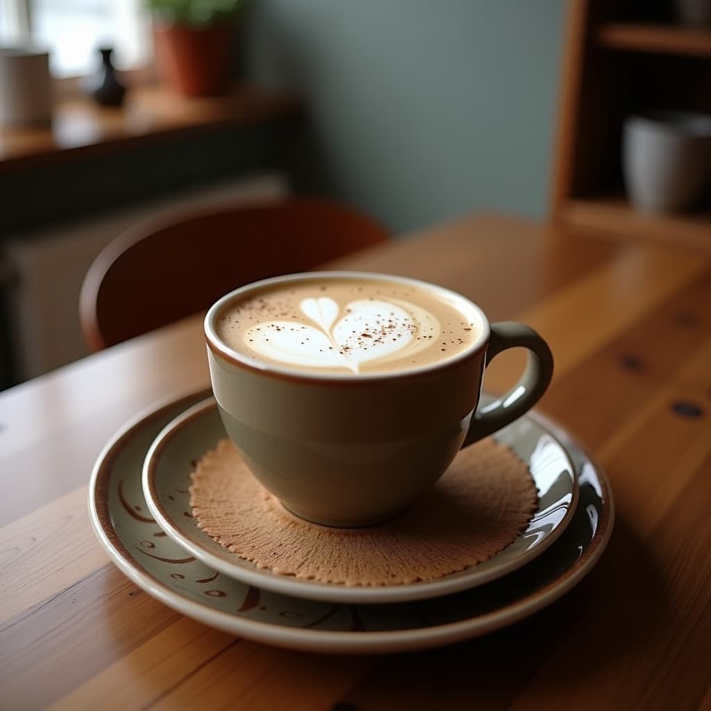 Taza de cerámica blanca humeante con latte islandés de café y especias, coronado por un espolvoreado de pimienta de Jamaica. Al fondo, ingredientes como canela en rama, jengibre en polvo y un frasco de hígado de bacalao en polvo sobre una mesa de madera rústica.