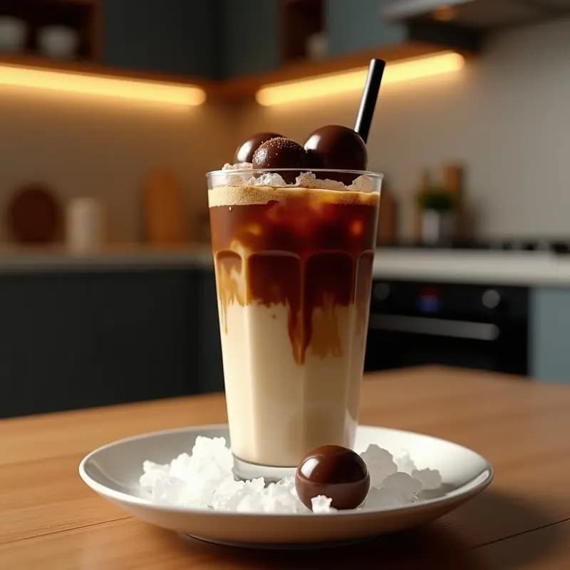 Bebida de Café Frío con Leche de Almendras y Esferas de Chocolate Líquido