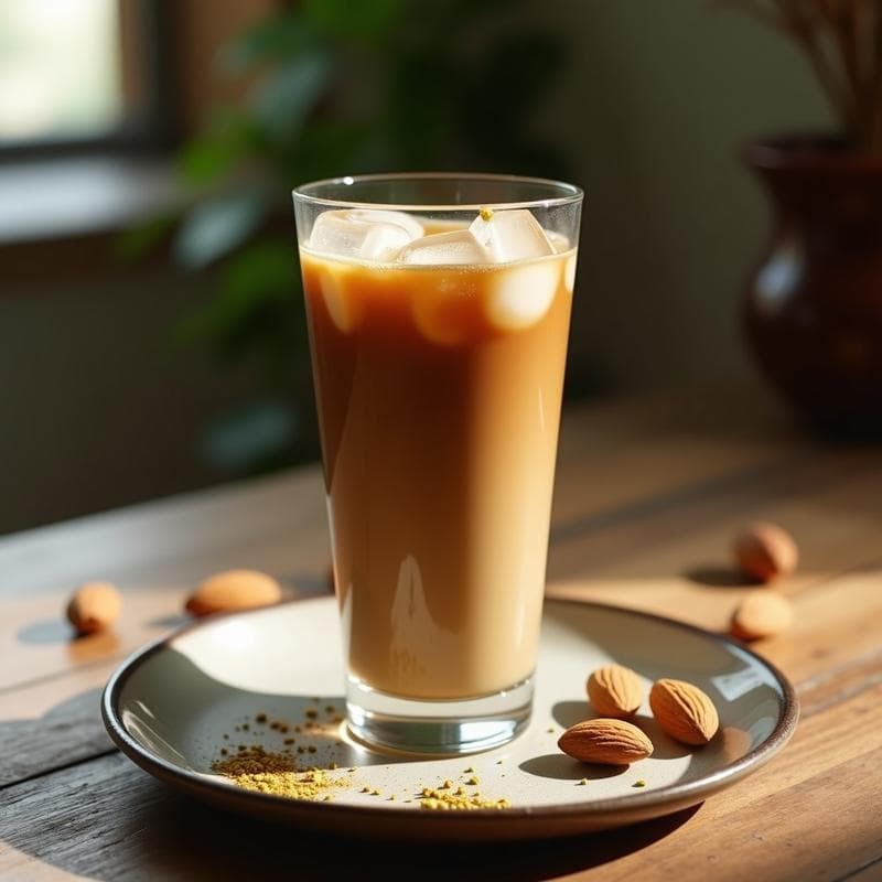 Vaso alto transparente con café helado turco, leche de almendras y semillas de cardamomo flotando, decorado con una pizca de cardamomo molido y hielo picado. Bebida refrescante sin azúcar con fondo de mesa rústica y luz natural.