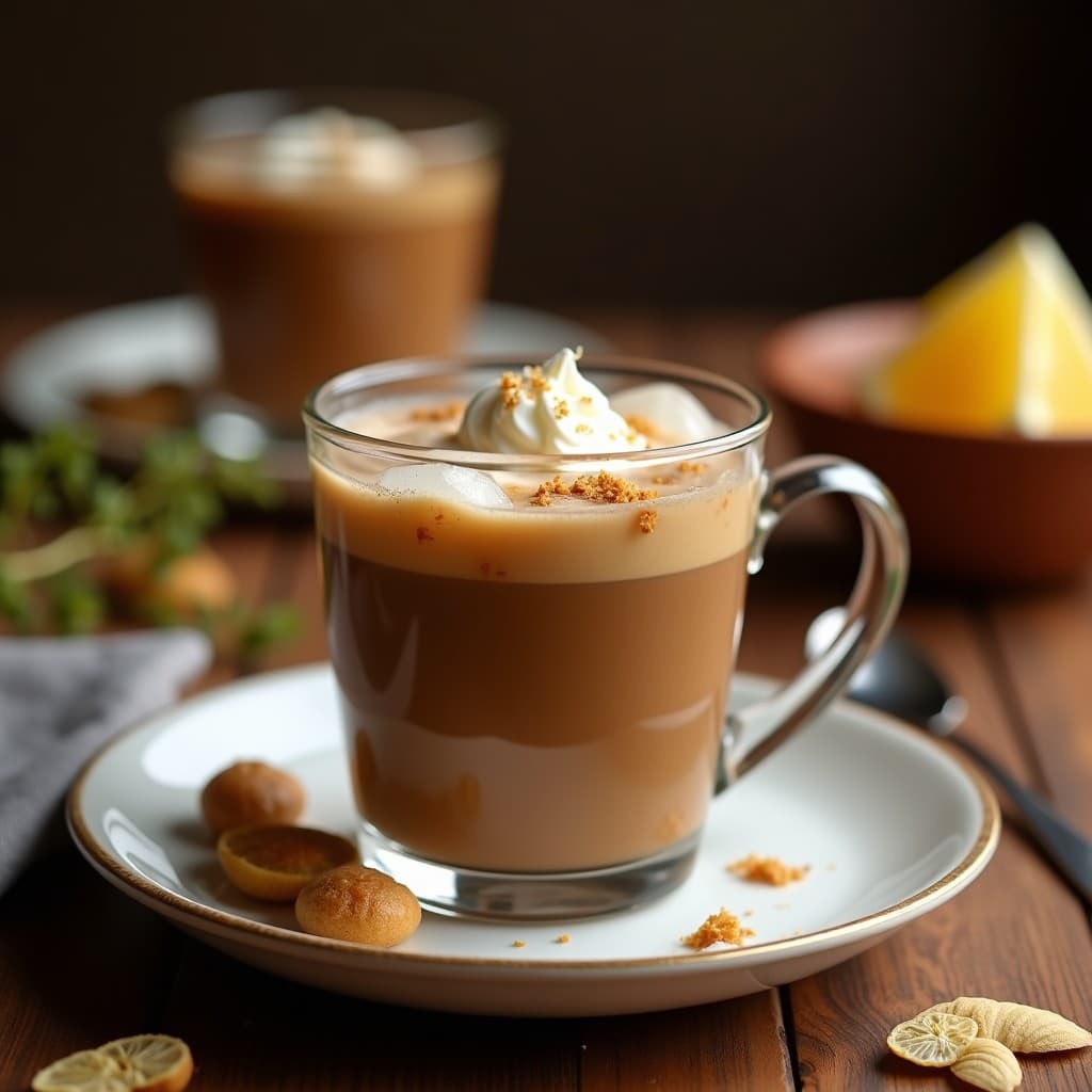 Vaso alto transparente con café helado vegano, capas de crema de coco espumosa espolvoreada con cardamomo, hielo picado y semillas de chía en suspensión, sobre fondo de madera rústica con hojas de menta.