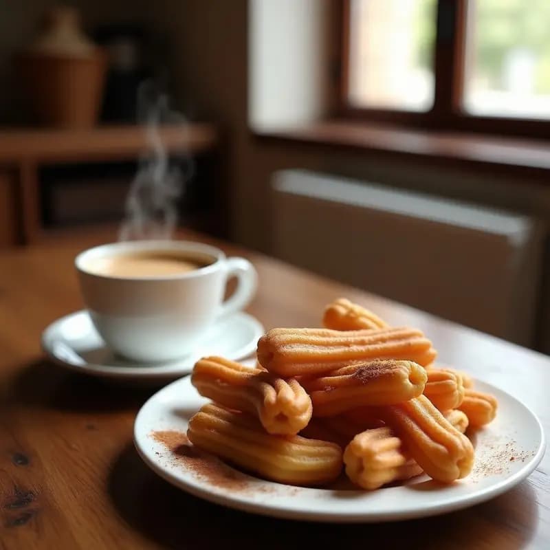 Taza humeante de café con leche cremoso junto a un plato de churros dorados y crujientes espolvoreados con azúcar y canela, típico desayuno de churrería española.