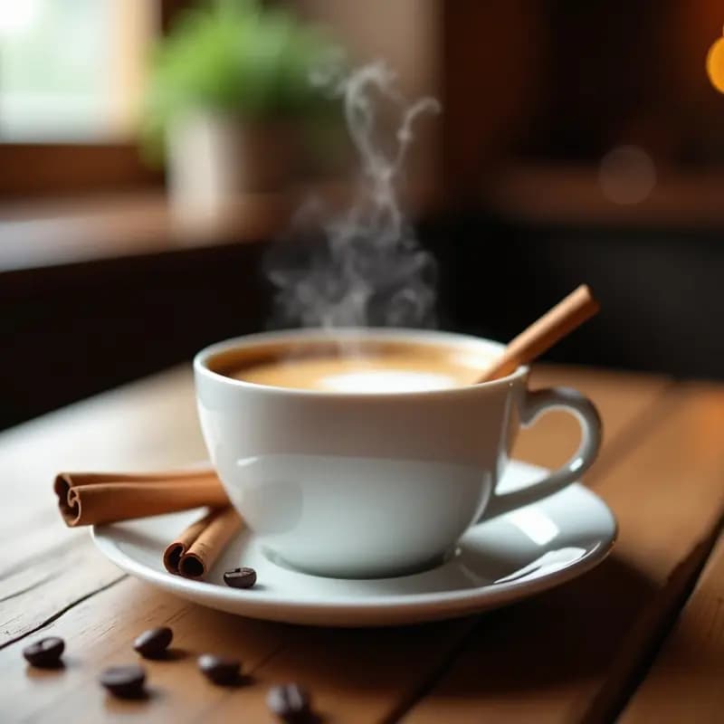 Taza blanca humeante con café con leche y corteza de canela, servido en una mesa rústica de madera con una rama de canela y granos de café al lado. Bebida española tradicional de bar en casa.
