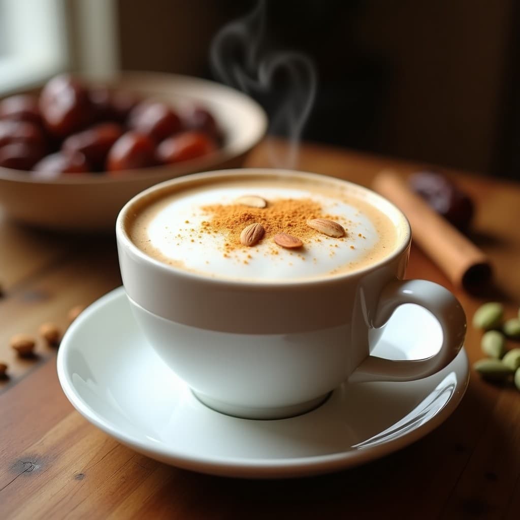 Taza de porcelana blanca con latte vegano de inspiración marroquí, espuma cremosa en la superficie, espolvoreada con nuez moscada y decorada con almendras fileteadas tostadas. Al fondo, dátiles Medjool, una rama de canela y granos de cardamomo sobre una mesa de madera rústica.