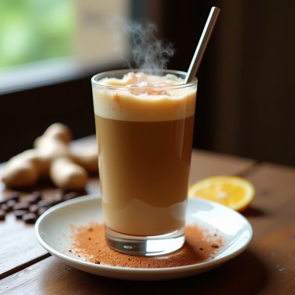 Vaso alto transparente con bebida de café con leche de tigre y canela, decorado con espolvoreado de canela molida en la superficie, servido con pajita de metal sobre una mesa rústica de madera con granos de café y ramita de canela al lado.