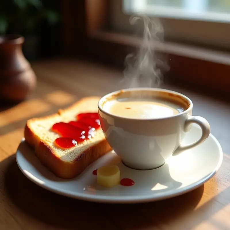 Taza blanca humeante de café con leche espumoso al lado de una tostada dorada con mantequilla derretida y mermelada de fresa, típico desayuno de bar español sobre una mesa de madera rústica.