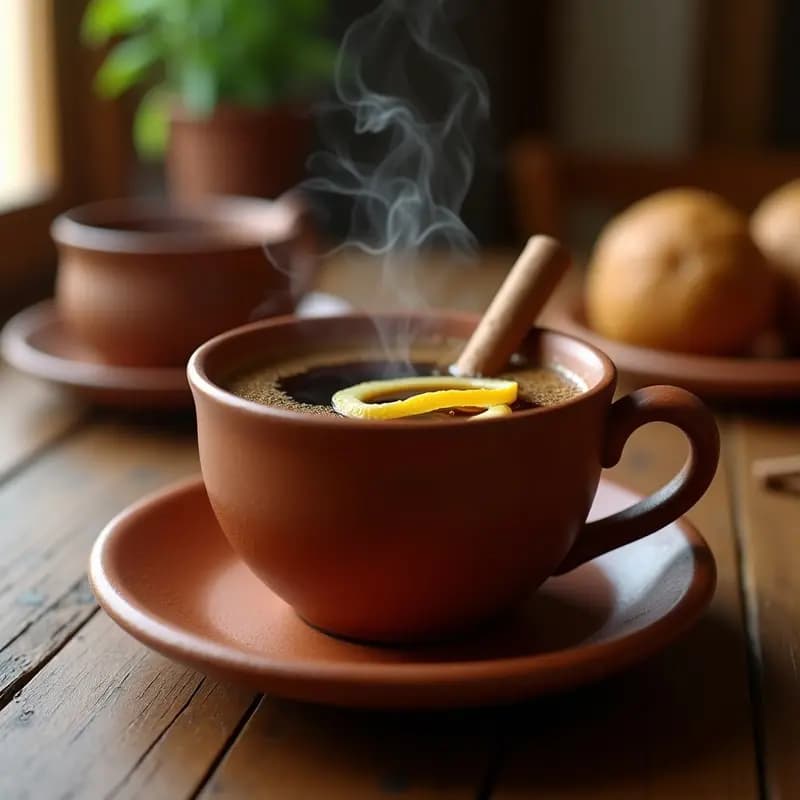 Taza de barro humeante con café oscuro, licor de hierbas y azúcar moreno, decorada con una ramita de canela y una tira de corteza de limón sobre una mesa rústica de madera, bebida tradicional española de después de comer.