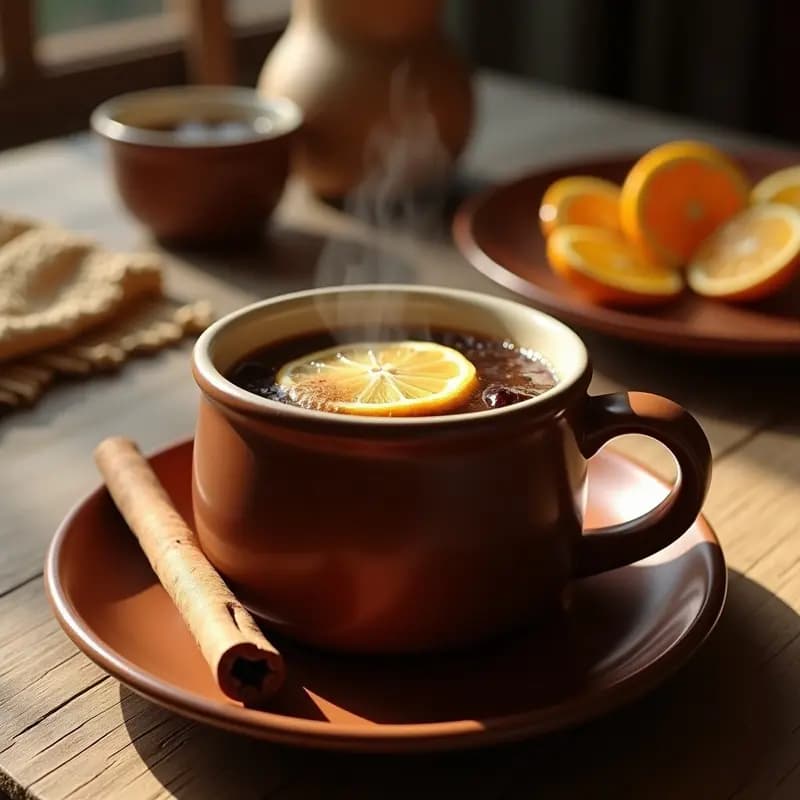 Taza de cerámica humeante con Café de Puchero con Licor 43, decorada con una rodaja de limón y una ramita de canela, sobre una mesa rústica de madera con un fondo cálido de invierno.