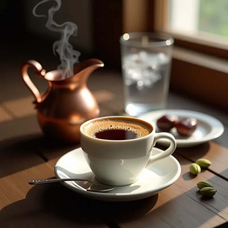 Taza de porcelana blanca con café turco espeso y aromático, coronado por una capa dorada de espuma (köpük), junto a una cezve de cobre y semillas de cardamomo verde sobre una mesa de madera oscura. Receta tradicional de café turco con cardamomo.