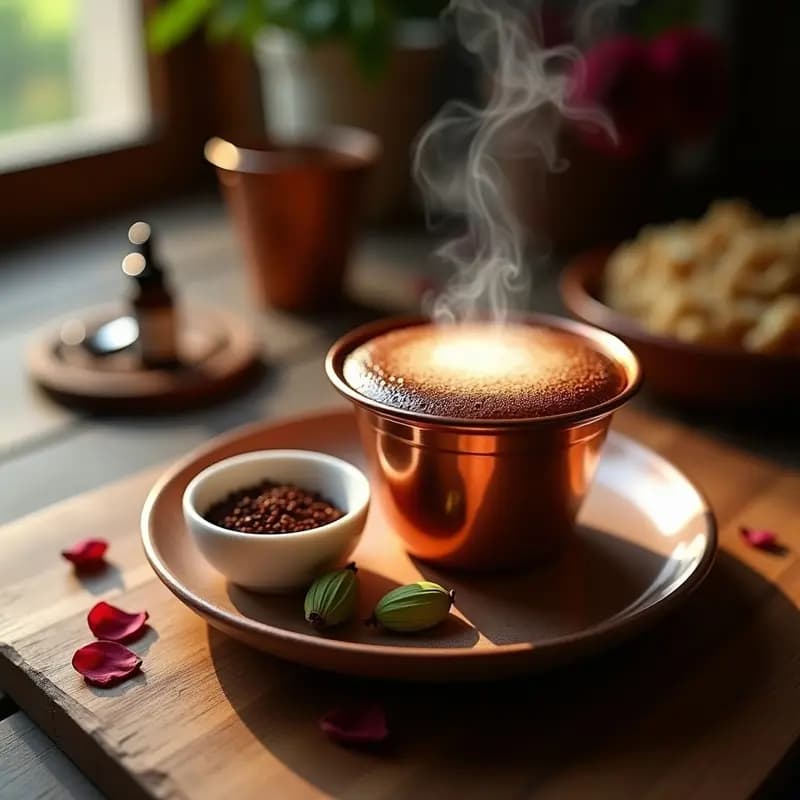 Cuezinillo de cobre con Café Turco humeante, espuma oscura en la superficie, acompañado de taza de porcelana blanca con posos en el fondo, semillas de cardamomo y pétalos de rosa al lado. Ambiente tradicional árabe con luz tenue.