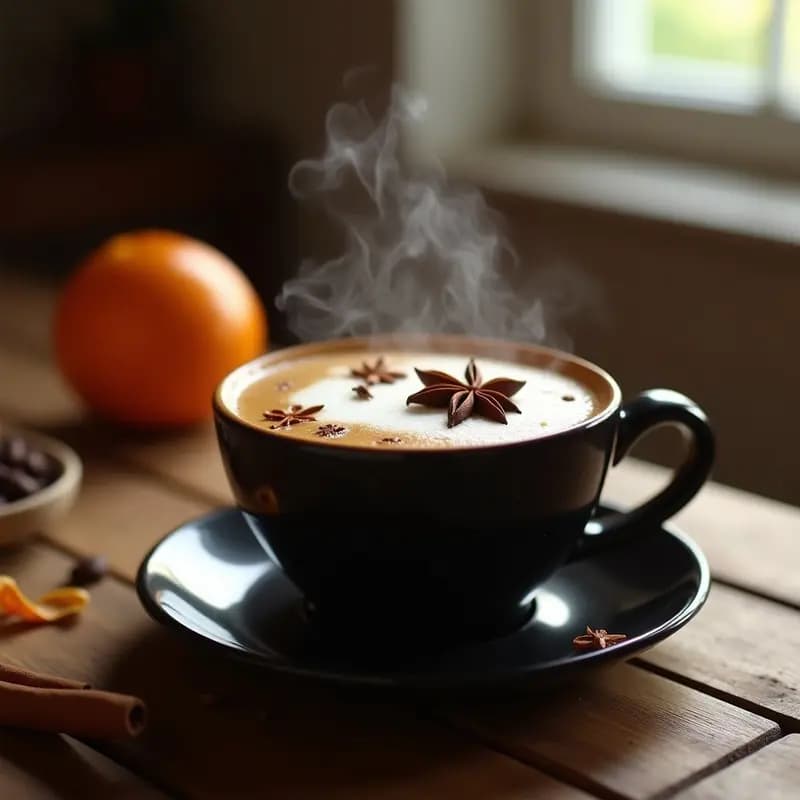 Taza de cerámica oscura humeante con bebida de café vital brasileña, especias de canela en rama y clavo de olor flotando, espuma cremosa de leche de coco en la superficie, fondo rústico con semillas de anís estrellado y cáscara de naranja secada.
