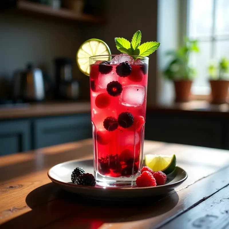 Vaso alto transparente con caipirinha de frutos rojos sin alcohol, llena de frambuesas, arándanos y moras maceradas, decorada con rodajas de limón verde, hojas de menta y semillas de chía, servida con pajita y hielo picado sobre fondo rústico de madera.