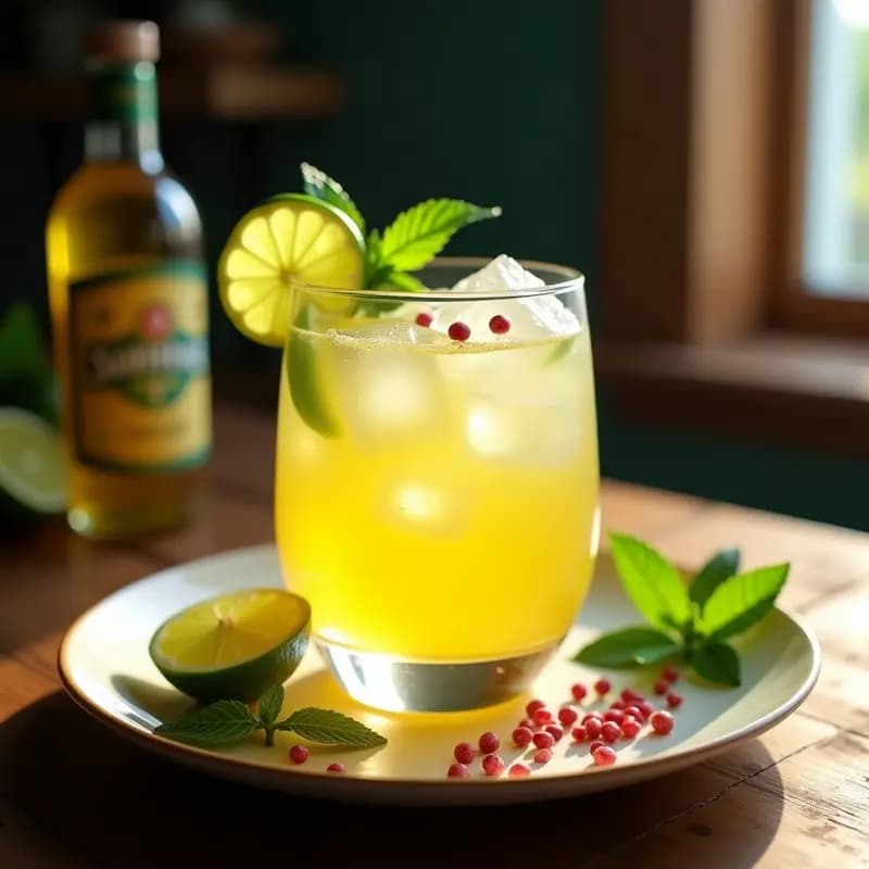 Vaso bajo de cristal con caipirinha de limón y cachaça sin azúcar, decorado con hojas de limoncillo y rodajas de limón verde, sobre una mesa rústica de madera con hielo escarchado y botella de cachaça al fondo.