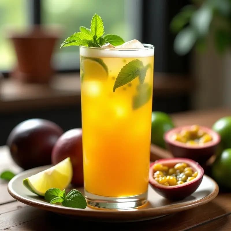 Vaso alto transparente con Caipirinha de Maracuyá y Lima, decorado con hielo picado, hojas de hierbabuena fresca y rodajas de lima. La bebida tiene un color amarillo vibrante con burbujas y semillas de chía visibles, servida sobre una mesa rústica de madera con fondo de hojas tropicales.