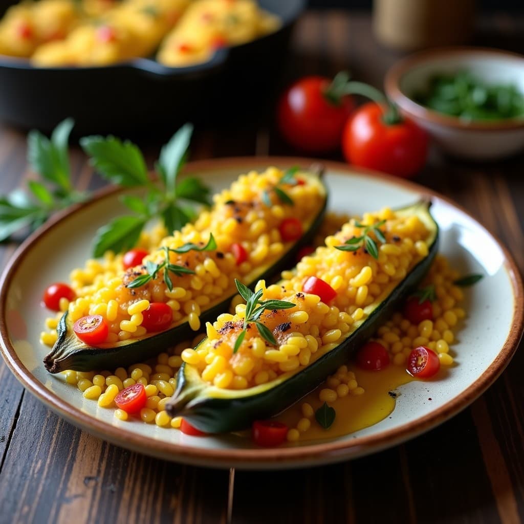Plato de calabacines rellenos de arroz salteado con azafrán en Thermomix, servidos en una fuente de barro rústica con perejil fresco espolvoreado y un fondo de madera oscura.