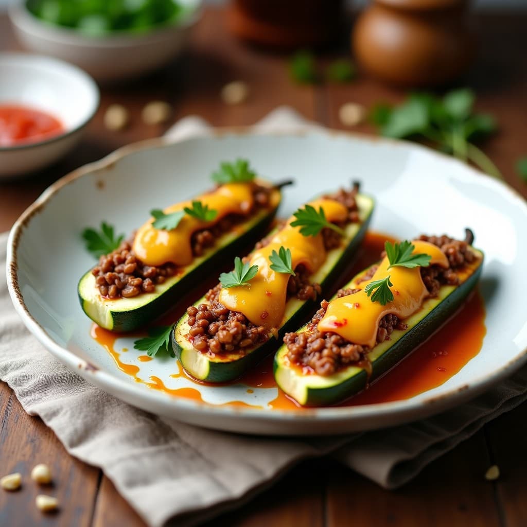 Cuatro calabacines rellenos de carne picada y arroz salvaje, dorados al horno con queso gratinado, servidos en una fuente de cerámica blanca sobre un fondo rústico de madera. La receta de calabacines rellenos de carne picada y arroz salvaje destaca por su presentación jugosa y apetitosa.