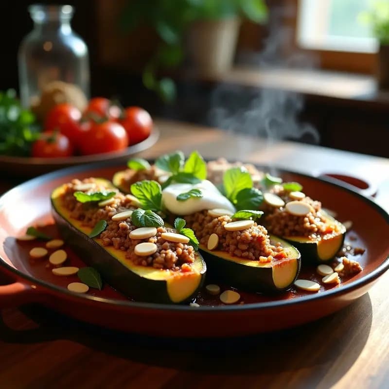 Calabacines rellenos de carne de cordero y ciruelas pasas al horno, con especias persas y almendras fileteadas, servidos en bandeja de cerámica rústica.