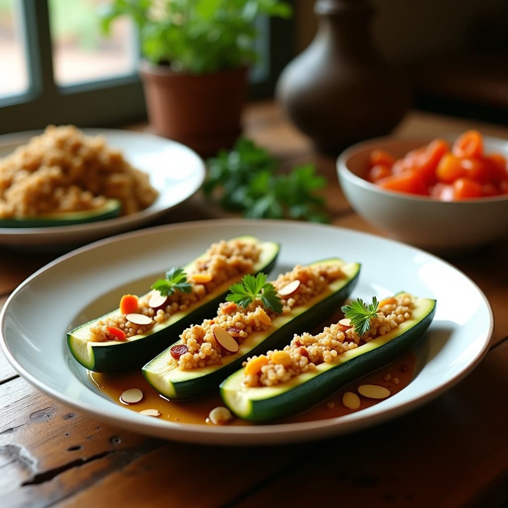 Plato de cerámica blanca con cuatro mitades de calabacín rellenas de quinoa dorada, pasas y almendras, espolvoreadas con perejil fresco. Receta marroquí en airfryer con toque de canela, fondo rústico de madera.