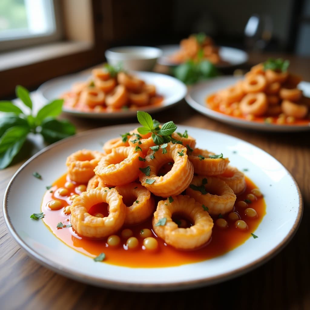 Calamares a la romana dorados y crujientes rebozados con harina de garbanzo, servidos en un plato blanco con rodajas de limón y perejil fresco, receta española sin gluten en airfryer.