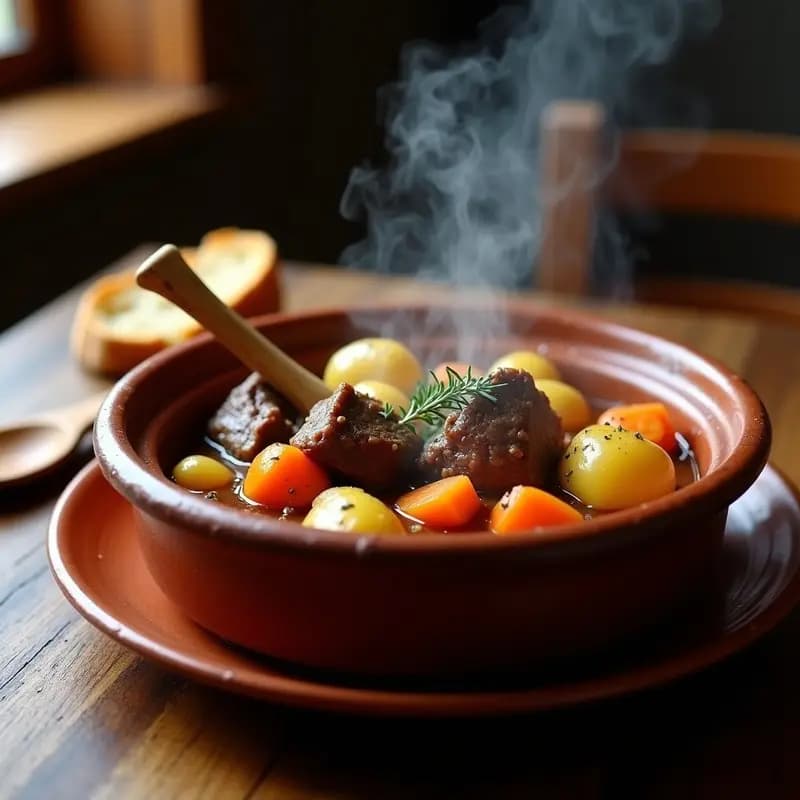 Cazuela de barro humeante con caldereta de cordero y alcachofas de la Rioja Baja, trozos de carne tierna, alcachofas doradas y caldo espeso, acompañada de pan rústico sobre fondo de madera oscura.