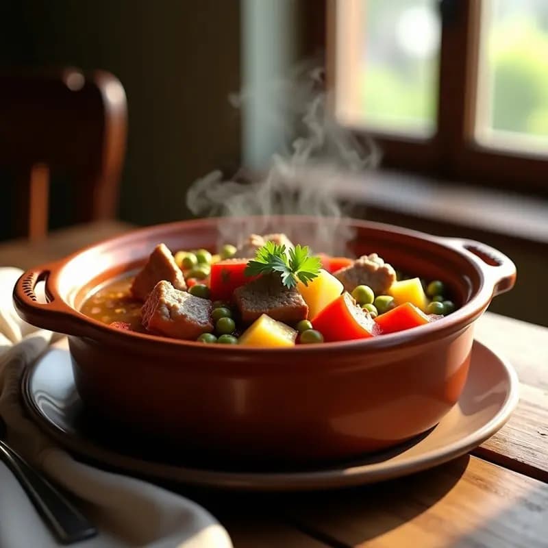 Cazuela de barro humeante con caldereta de cordero aragonesa, trozos tiernos de carne, patatas, pimientos y hierbas aromáticas, servida sobre mesa rústica de madera.