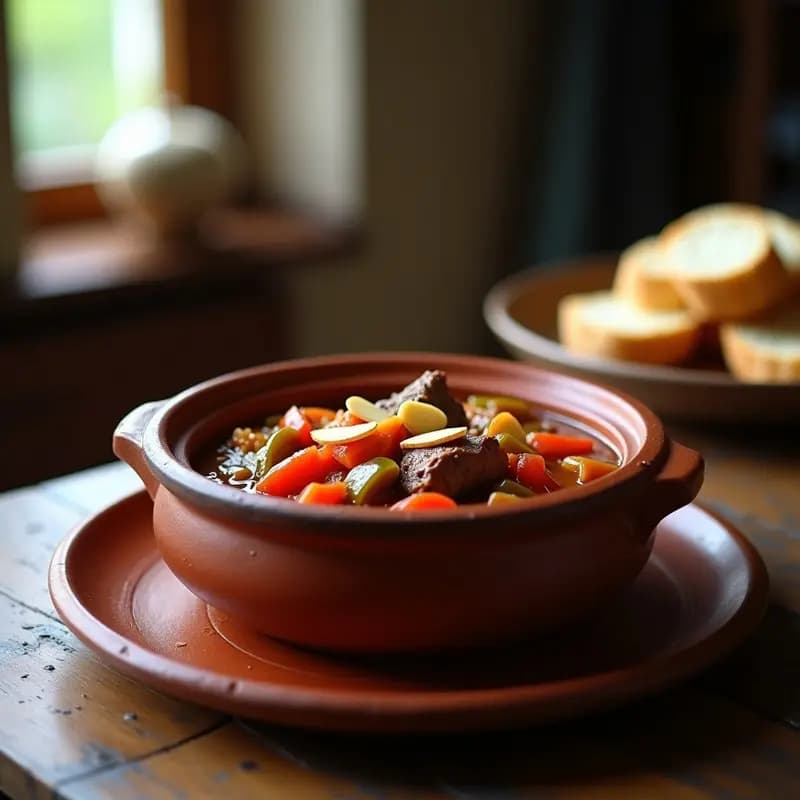 Caldereta de cordero al chilindrón en olla lenta, guiso aragonés con trozos de cordero tierno, pimientos rojos y verdes, y salsa espesa de tomate, servido en cazuela de barro rústica con almendras tostadas espolvoreadas.