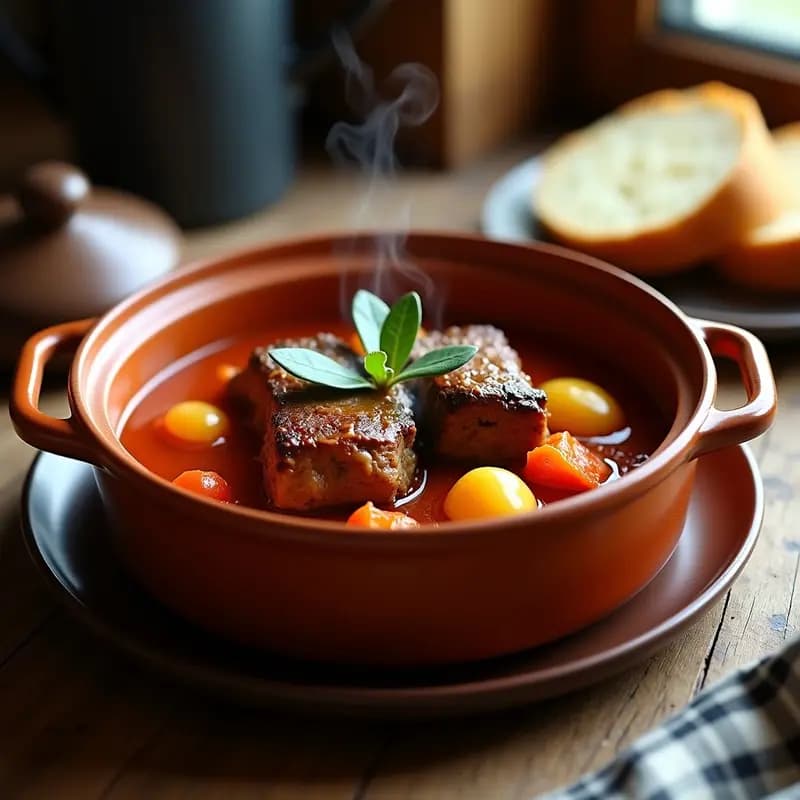 Cazuela de barro humeante con caldereta de cordero al chilindrón, trozos de cordero lechal dorados en salsa espesa de tomate y pimientos rojos asados, acompañados de patatas y hojas de laurel. Plato tradicional de Teruel, Aragón, servido en ambiente rústico.