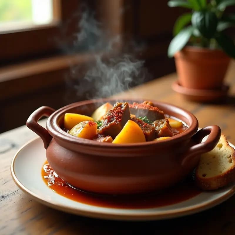 Olla de barro humeante con caldereta de cordero murciana, trozos de carne jugosa, patatas doradas y un caldo espeso de color dorado con pimentón. Acompañada de pan rústico y hierbas frescas sobre una mesa de madera rústica.