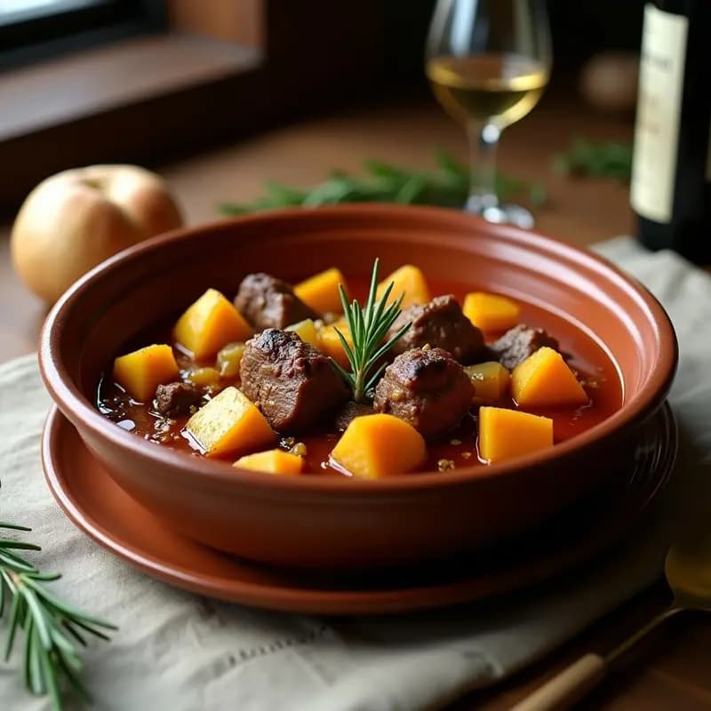 Plato hondo de barro con caldereta de cordero, patatas y alcachofas, guiso espeso con trozos de carne tierna, patatas doradas y alcachofas en un caldo aromático. Receta tradicional de La Rioja en olla rápida.
