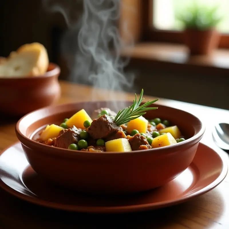 Caldereta de cordero con patatas y guisantes servida en cuenco de barro, con trozos tiernos de cordero, patatas doradas y guisantes verdes en una salsa espesa y aromática, ideal para días fríos.