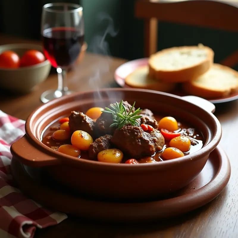 Olla de barro humeante con caldereta de cordero a la riojana y patatas, guiso espeso con trozos de carne tierna, patatas doradas y salsa oscura aromatizada con pimientos choriceros, servida en un plato hondo rústico.