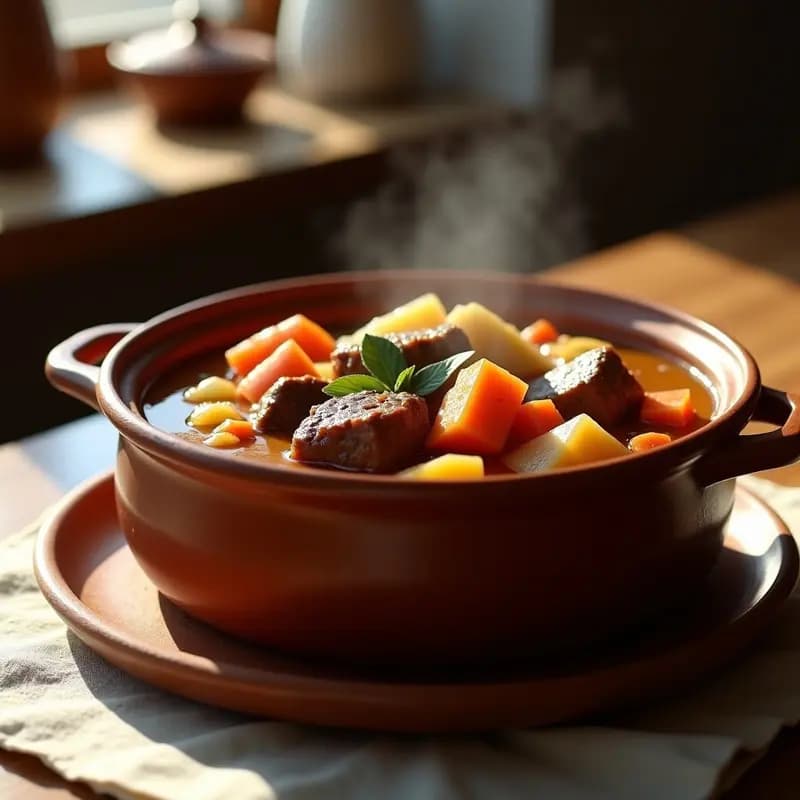 Olla de barro humeante con caldereta de cordero de la Sierra de Madrid, trozos tiernos de carne, patatas y zanahorias en un caldo espeso y dorado, decorada con ramas de romero fresco sobre fondo rústico de madera.