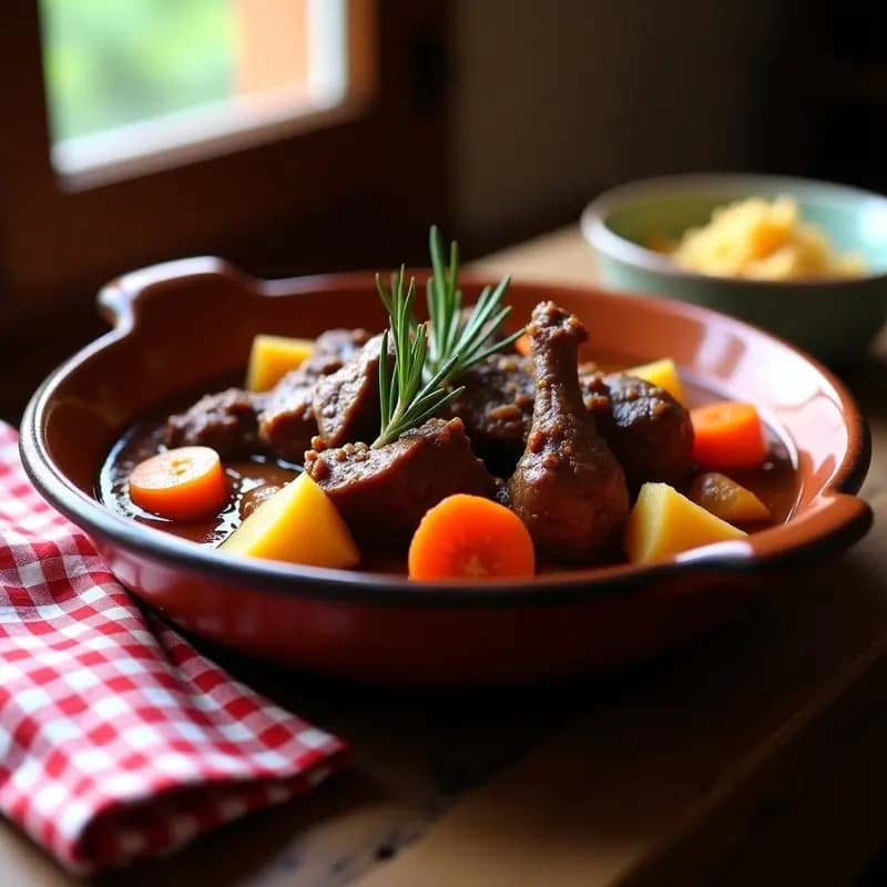 Plato hondo de barro con caldereta de cordero al vino tinto, trozos tiernos de cordero, patatas y zanahorias, bañados en una salsa oscura y espesa, decorado con romero fresco. Receta aragonesa en olla express con sabor a leña.