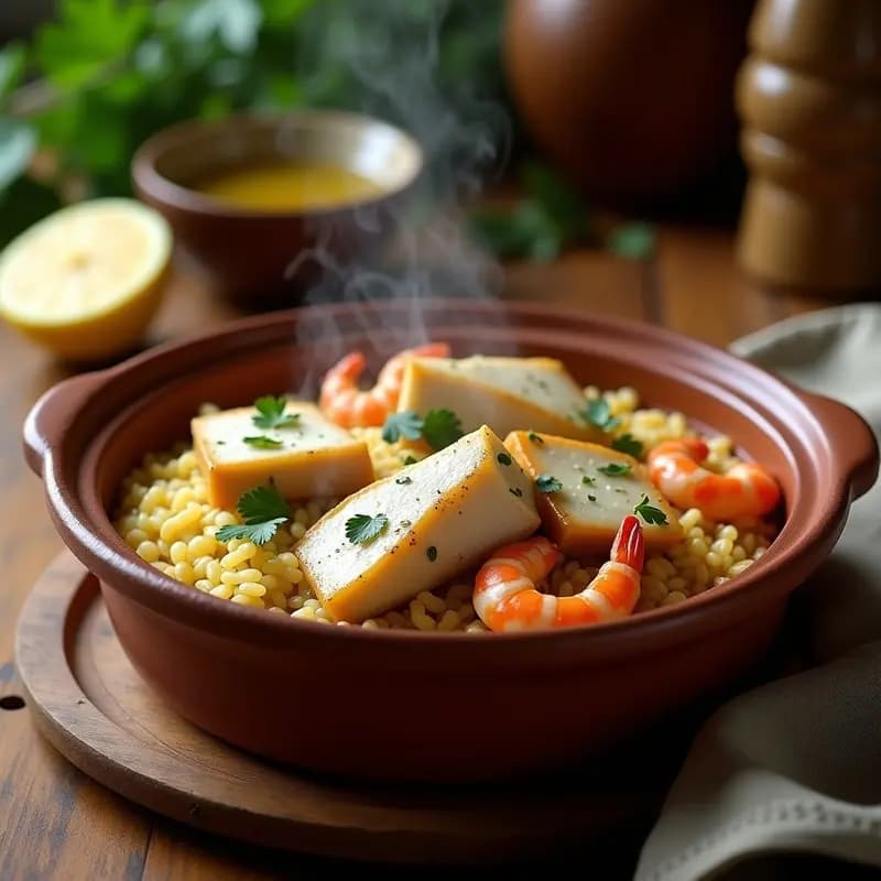 Cazuela de barro humeante con caldero de pescado con arroz murciano, trozos de merluza, rape y gambas sobre arroz meloso, decorado con perejil fresco.