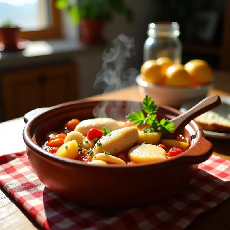 Olla de barro humeante con caldero murciano: trozos de merluza, calamares y patatas doradas bañados en un caldo espeso y aromático con ñoras, servido en un plato hondo de cerámica rústica con perejil fresco espolvoreado.