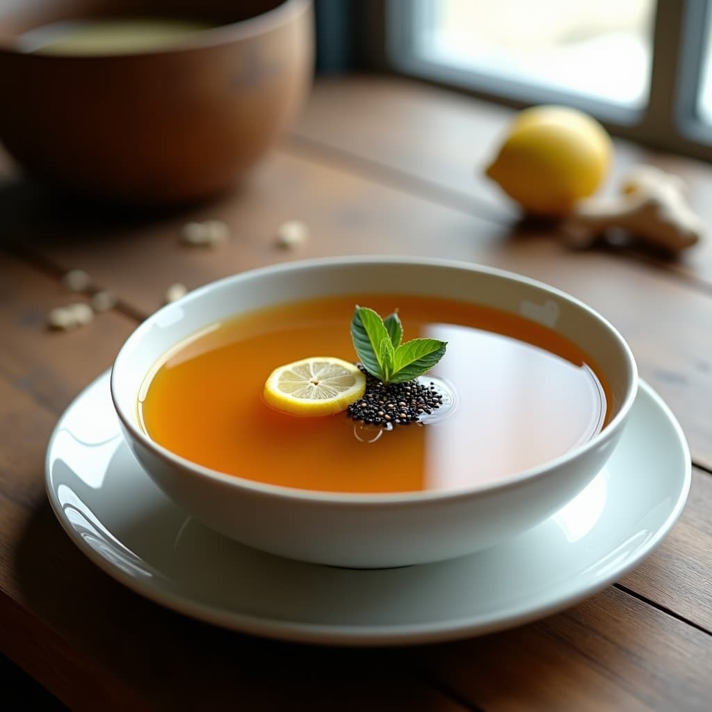 Tazón de cerámica blanca con caldo vegano de algas y jengibre humeante, decorado con semillas de sésamo negro y rodaja de limón, sobre fondo de madera rústica.