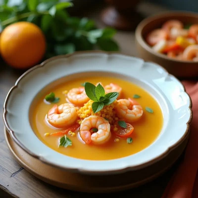 Cuenco hondo de cerámica blanca con caldo de camarones y lemongrass, decorado con camarones rosados, rodajas de lima y hojas de cilantro fresco. Fondo rústico con tallos de lemongrass y limón cortado.