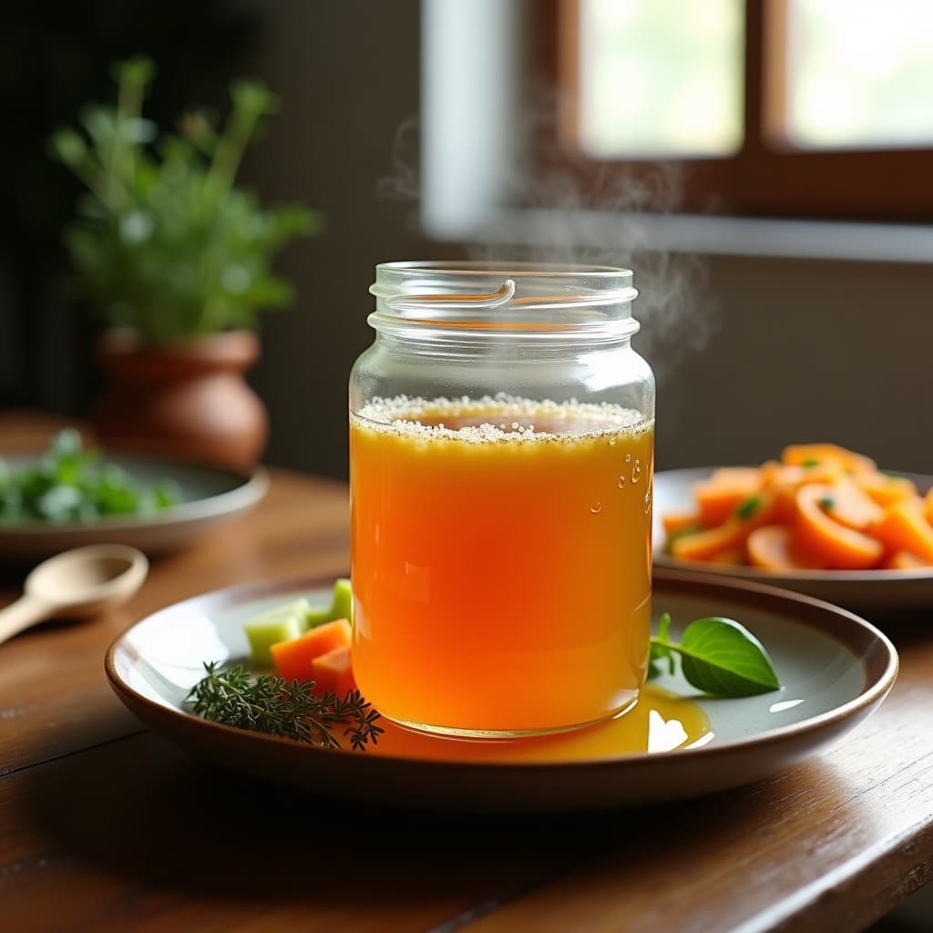 Jarra de cristal transparente con caldo de huesos de ternera dorado y brillante, servido con una cuchara de madera y hierbas frescas alrededor. Receta antiinflamatoria en Thermomix.