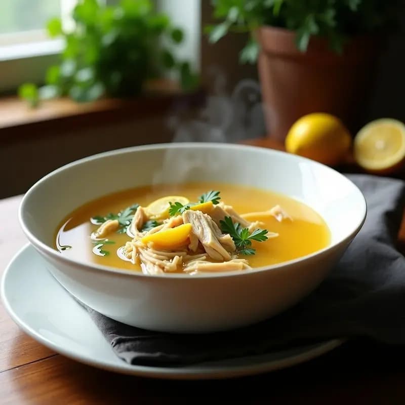 Tazón de porcelana blanca con caldo de pollo casero dorado, trozos de pollo desmenuzado, rodajas de jengibre y perejil fresco, servido humeante sobre mesa de madera rústica.