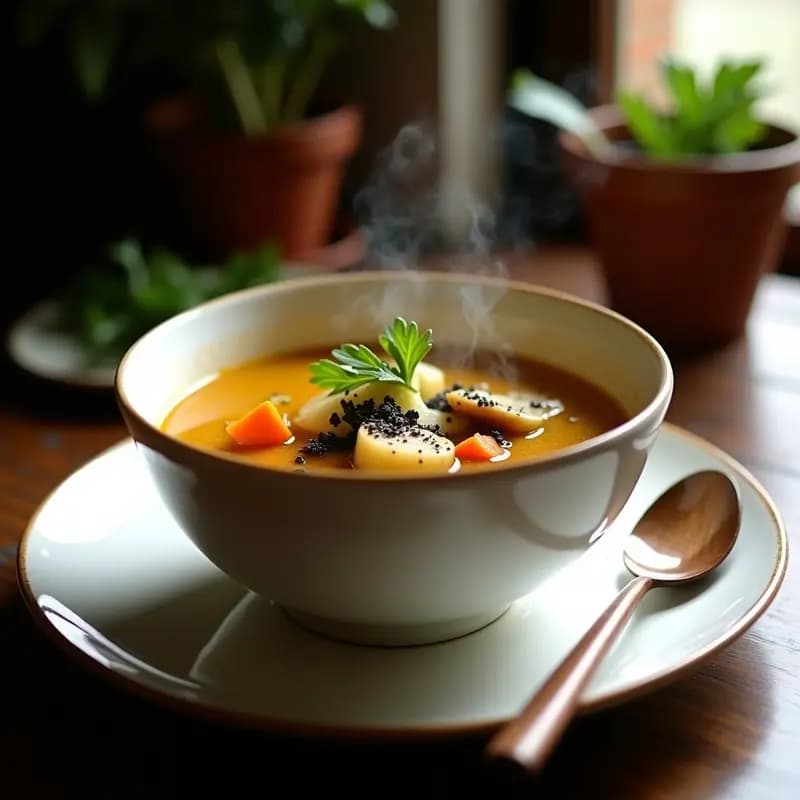 Bowl hondo de cerámica blanca con caldo dorado de hongos portobello y apio, espolvoreado con perejil fresco y virutas de trufa negra, servido con una cucharón de madera sobre fondo rústico de madera.