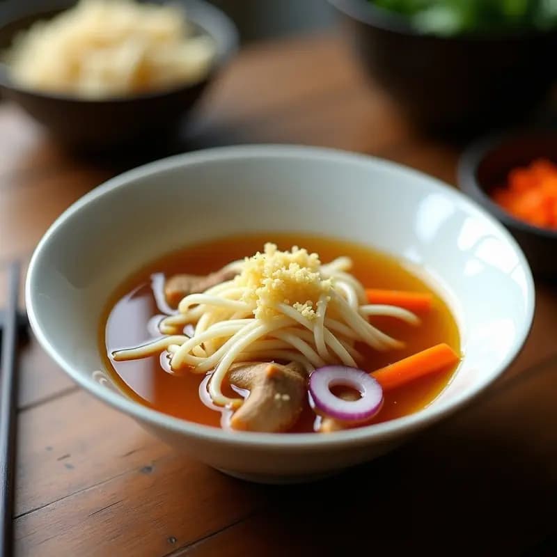 Bowl de porcelana blanca con caldo de hongos shiitake y jengibre, fideos de konjac translúcidos, rodajas de zanahoria y cebolla morada, decorado con jengibre rallado. Receta japonesa depurativa en olla rápida.