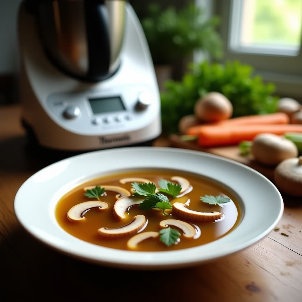 Tazón de cerámica blanca con caldo de huesos de champiñones Portobello humeante, decorado con rodajas finas de Portobello y hierbas frescas. Fondo de cocina rústica con luz natural.