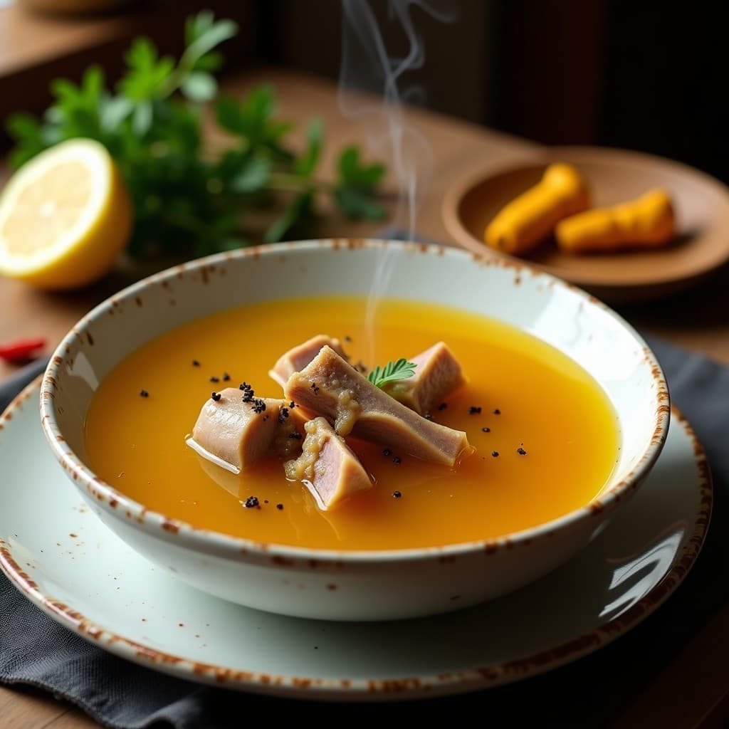 Tazón hondo de cerámica blanca con caldo de huesos de cordero dorado, especiado con azafrán y cúrcuma, servido con rodajas de limón y perejil fresco. Receta iraní tradicional en olla express, ideal para inmunidad.