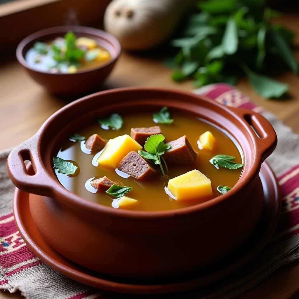 Olla de barro humeante con caldo de huesos de cordero dorado, raíces andinas como olluco y yacón, y hierbas frescas. Sopa peruana alta en colágeno, servida en un plato hondo rústico con decoración de huacatay.